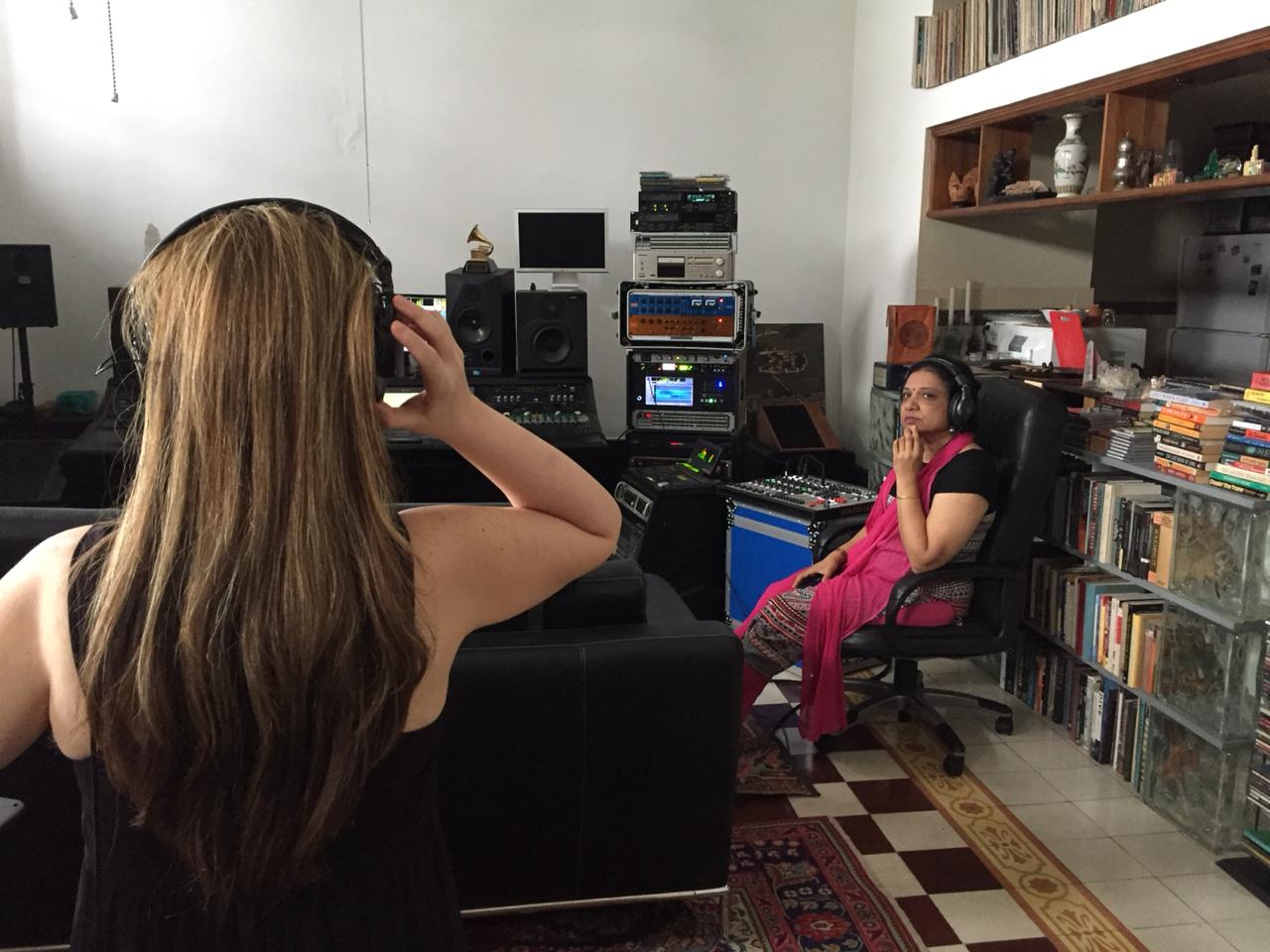 Listening session during the recording of Vaishnav Jan To