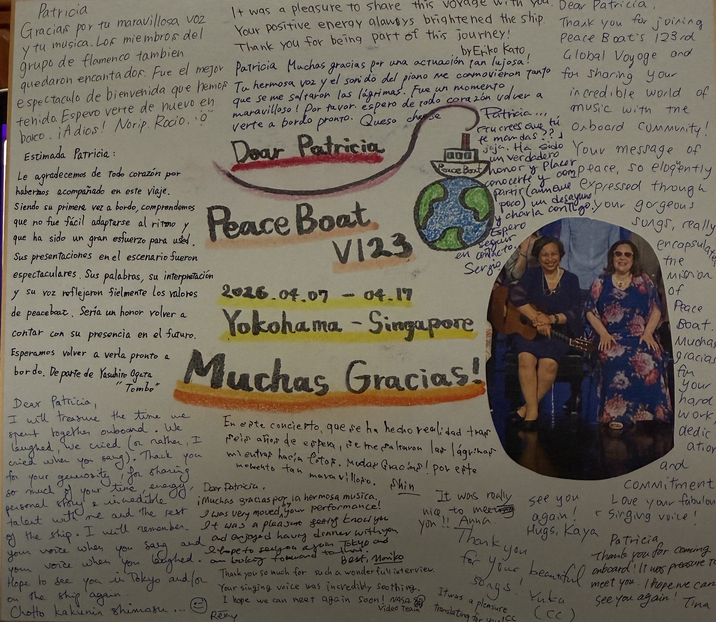 Tablero de mensajes manuscritos para Patricia Vlieg del Peace Boat Viaje 123, con notas en inglés, español y japonés