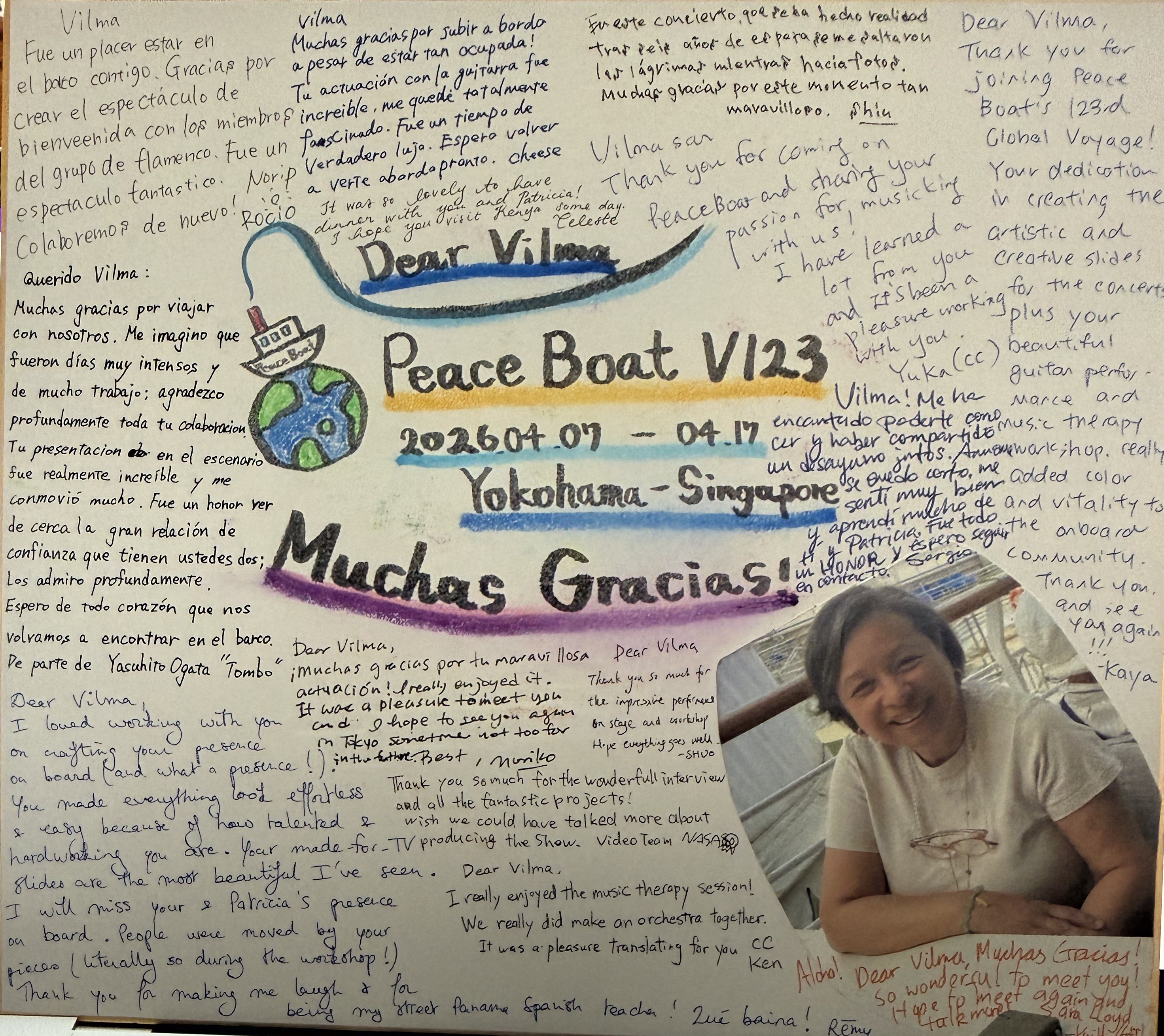 Tablero de mensajes manuscritos para Vilma Esquivel del Peace Boat Viaje 123