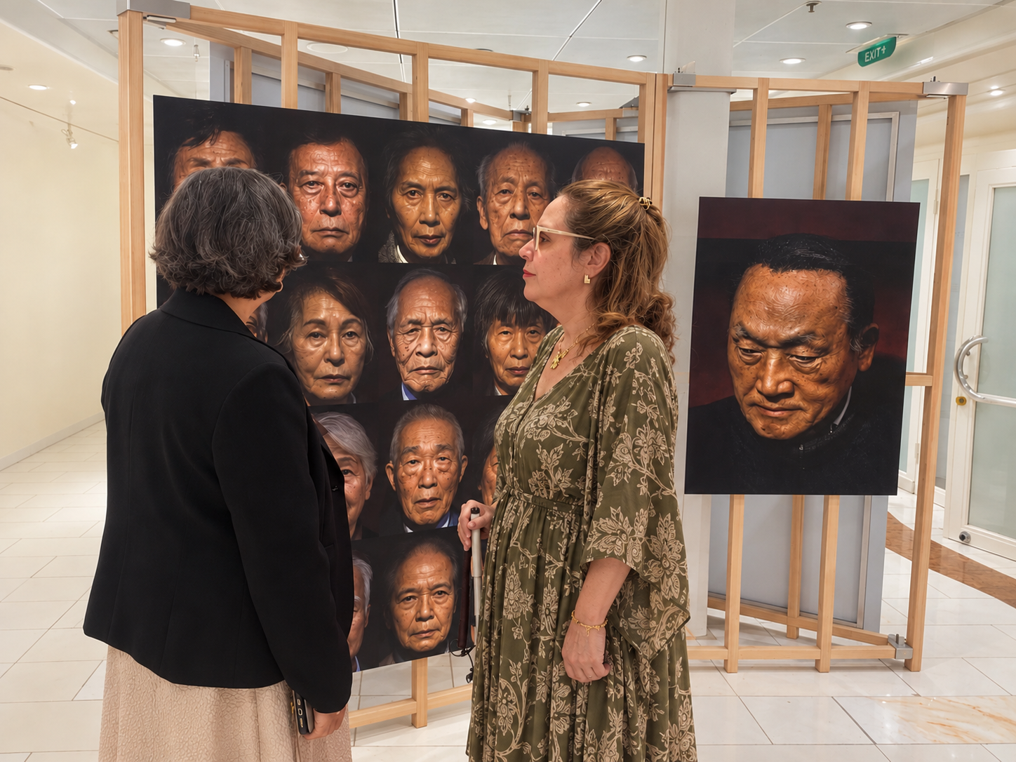 Vilma Esquivel and Patricia Vlieg before hibakusha portraits in the Nobel Peace Center exhibition A Message to Humanity aboard Peace Boat